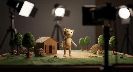 Stop motion animation studio setup featuring a puppet character on a miniature set with professional lighting.