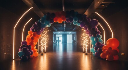 Vibrant balloon arch and sparkling lights illuminate a modern event entrance in a dark hall