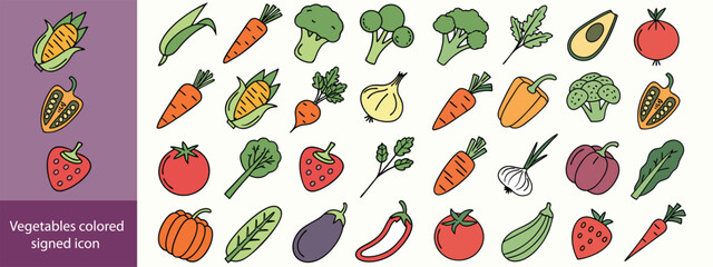 Vegetables colored signed icon collection. Tomato, potato, garlic, broccoli, pumpkin icons. UI icon set. Colored icons pack. Vector illustration