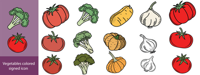 Vegetables colored signed icon collection. Tomato, potato, garlic, broccoli, pumpkin icons. UI icon set. Colored icons pack. Vector illustration