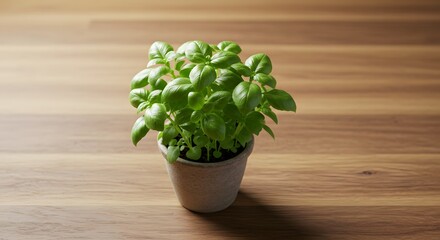 Potted Basil Plant on Wooden Table with Natural Light