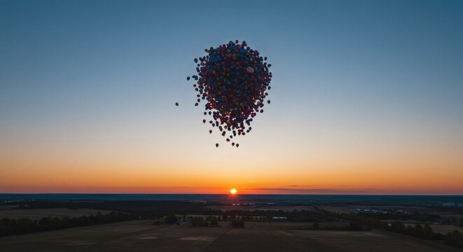 Abstract geometric cluster floating over a vibrant sunset landscape