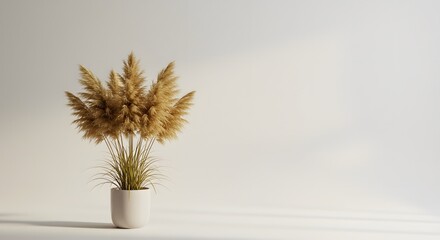 Pampas Grass in White Pot on Plain Background
