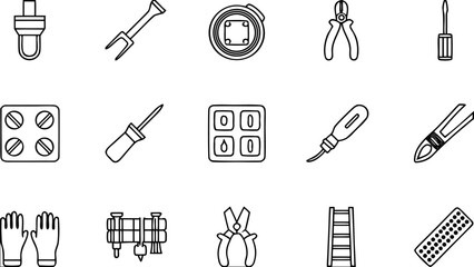 Obraz premium Hand Tools and Repair Icons – Line Art Set of Screwdrivers, Pliers, Gloves & Ladder