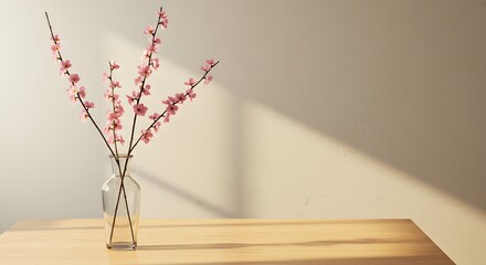 Glass Vase with Pink Cherry Blossoms on Wooden Table

