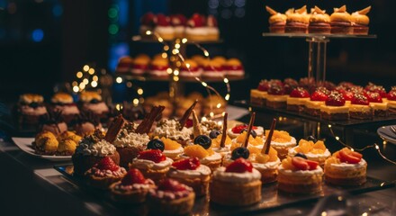 Gourmet Dessert Buffet with Assorted Pastries and Twinkling Lights