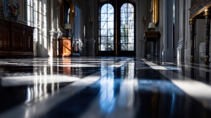 Polished black and white marble floor in a grand hallway.
