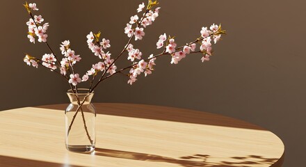 Glass Vase with Pink Cherry Blossoms on Wooden Table
