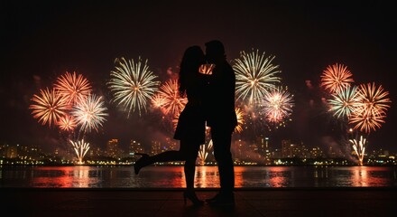Romantic Silhouette of Couple Kissing Under Dazzling Fireworks Over Cityscape at Night