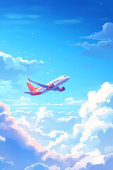 Airplane soaring through vibrant clouds in a bright blue sky, symbolizing travel and adventure