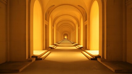 A long, symmetrical hallway with arched doorways stretches into the distance, bathed in a warm, golden light