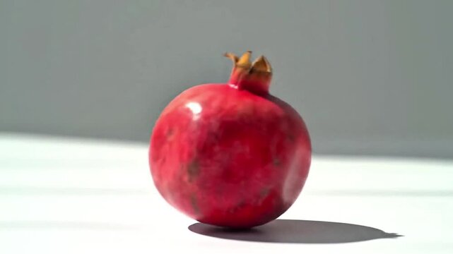 whole pomegranate rolling slowly on a clean white surface, minimal and modern aesthetic with soft lighting