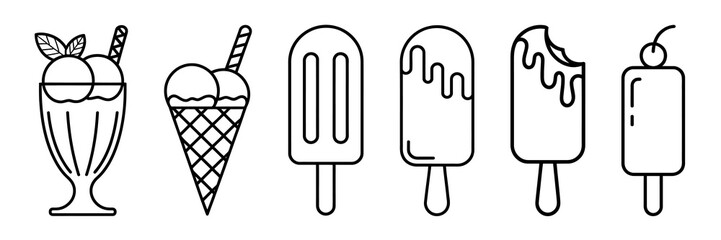 Black and White Ice Cream and Popsicle Icon Set. Sundae, Cone, and Ice Cream Bars with Toppings and Sticks, Outline Style for Dessert, Summer, and Sweet Treat Design