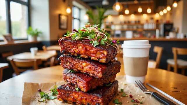 Stack of ribs served with coffee in a bright cafe setting. Appetizing ribs tower, layered on paper, complements warm coffee on wooden table. Tempting ribs offer rich flavor.