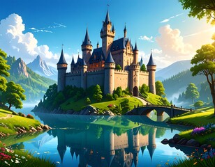 Majestic medieval castle reflected in serene waters, surrounded by picturesque landscape