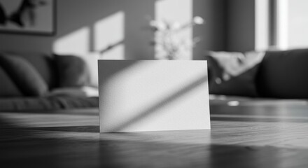 A blank white card rests on a wooden surface with sunlight casting diagonal shadows