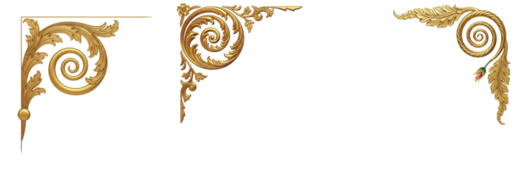 Elegant Group of Isolated Golden Rococo and Baroque Corner Designs, Highlighting Graceful Scrolls and Delicate Floral Details, Ideal for Classic and Luxurious Aesthetics