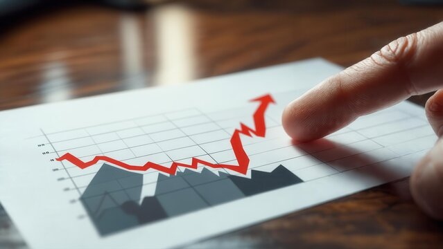 A person's finger points at a red line graph showing an upward trend over a bar chart on a printed document, with a blurred dark wooden background. Concept of business analysis and growth - Powered by Adobe