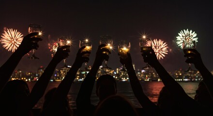 Friends Toasting with Drinks Against a Vibrant Fireworks Display Over a City Skyline at Night