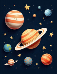 Colorful planets with rings and stars on dark cosmic background depicting an imaginative space scene with copy space