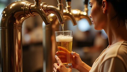 Woman pouring beer at golden tap in pub interior, holding glass with both hands; blurred bar in background. Focused on perfect pour.