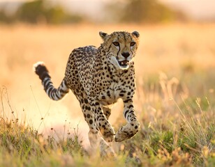 Majestic cheetah sprints across sunlit african savanna a display of raw power and agility