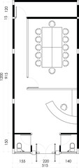 Office Floor Plan with Meeting Room, Reception, and Restrooms. 2
