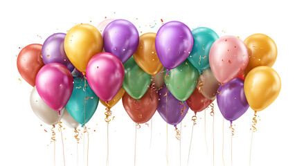 Colorful bunch of balloons with streamers isolated on transparent background