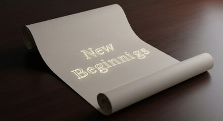 Parchment Scroll with 'New Beginnings' Text on Dark Wood Surface