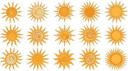 Set of decorative sun icons in hand-drawn style, bright yellow sunburst designs for summer themes, weather graphics, boho decor