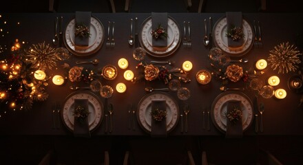 Elegant Festive Dinner Table Setting with Warm Lights and Decorations, Overhead View