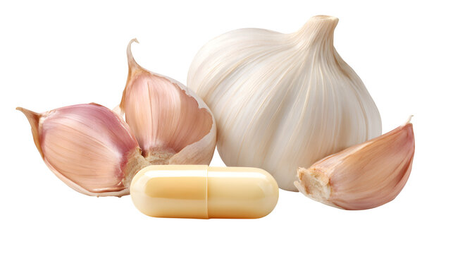 A few raw, peeled garlic cloves, artfully arranged beside a single odorless garlic capsule, showing the natural origin, isolated on a pure Transparent background.