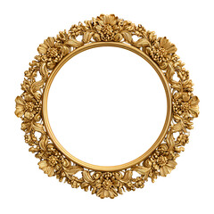 Ornate antique gold circular frame with floral embellishments isolated on transparent background