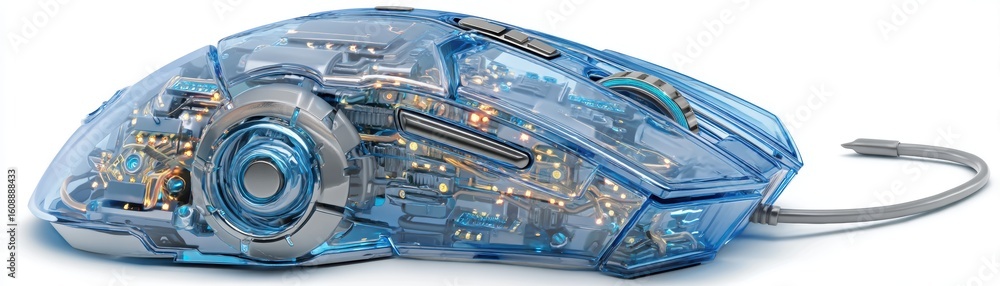 Poster sleek transparent computer mouse showcasing intricate internal circuitry and components with a futur