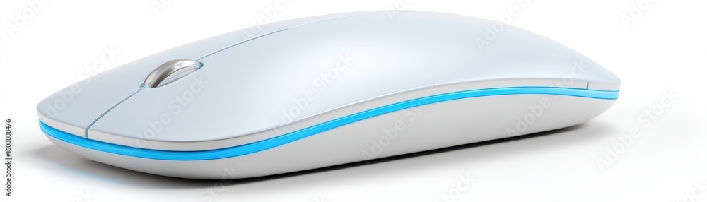Poster a sleek, modern white wireless computer mouse with a blue accent line and a scroll wheel, designed f