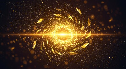 Luminous Golden Swirl with Glittering Particles and Bright Light Beam. Abstract Energy Vortex Background.