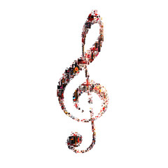 Musical treble clef formed by colorful flowers isolated on transparent background