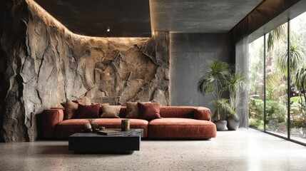 Chic, modern interior with stone wall, inviting sofa, and abundant natural light