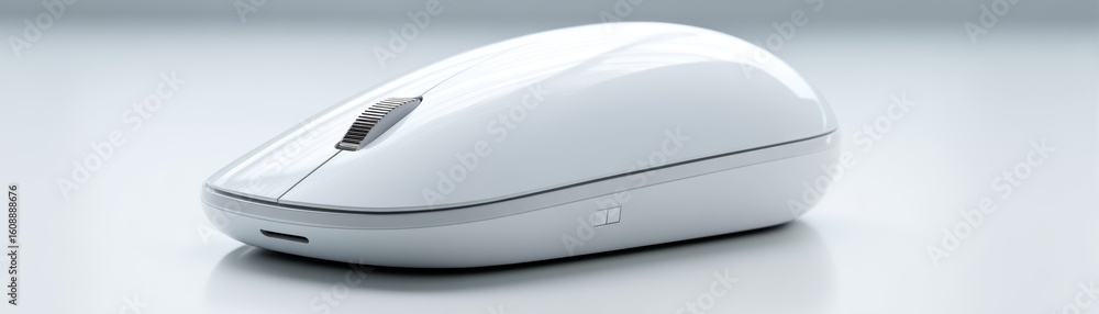 Poster sleek white wireless computer mouse with ergonomic design resting on a smooth white surface, showcas