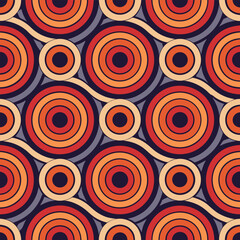 Retro geometric seamless pattern with concentric circles and wavy lines in warm colors