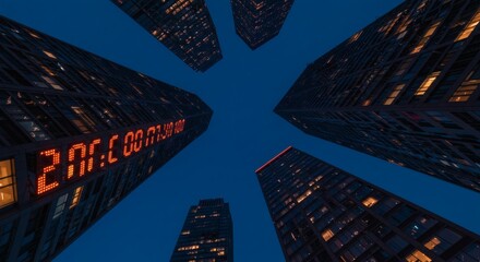 Modern Skyscrapers Looming Over with Digital Clock Display at Dusk, Upward View of Urban Architecture