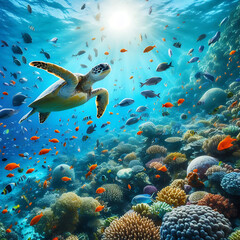 Fototapeta premium Vibrant Underwater Scene with Sea Turtle, Dolphin, and Colorful Coral Reef