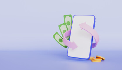 Smartphone with arrows and paper money, Banking online mobile app, Gold coins, Money management concept