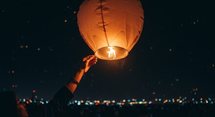 Hand Releasing Warm Glowing Sky Lantern into Night Sky with Distant City Lights