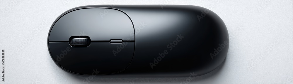 Poster a sleek black wireless computer mouse with a scroll wheel, shown on a light background, clean mouse