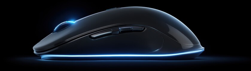 A sleek, black computer mouse with blue LED lighting glows on a dark background, highlighting its ergonomic design and modern aesthetic, clean mouse