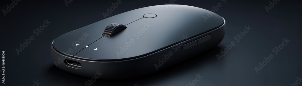 Poster sleek black wireless computer mouse with a scroll wheel on a dark surface, emphasizing modern design