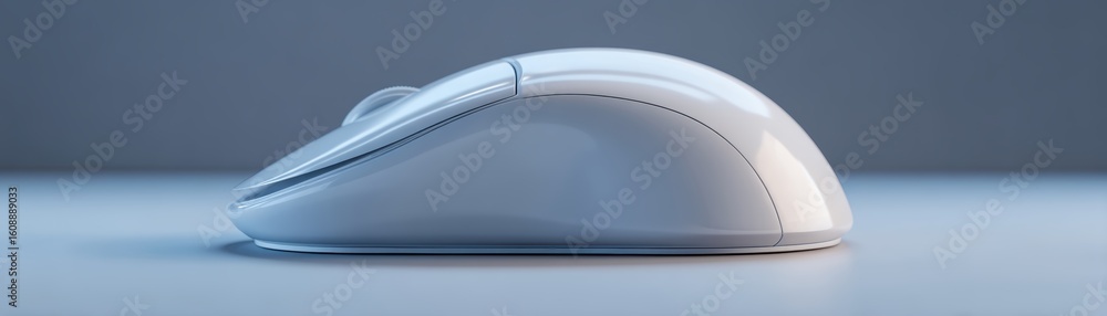 Poster sleek white wireless computer mouse on a smooth surface against a blurred dark background, clean mou