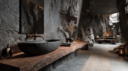Interior of a luxurious bathroom, featuring a stone basin & wooden counter