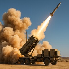 Obraz premium US Patriot missile system launching interceptor in desert – high-speed military defense scene